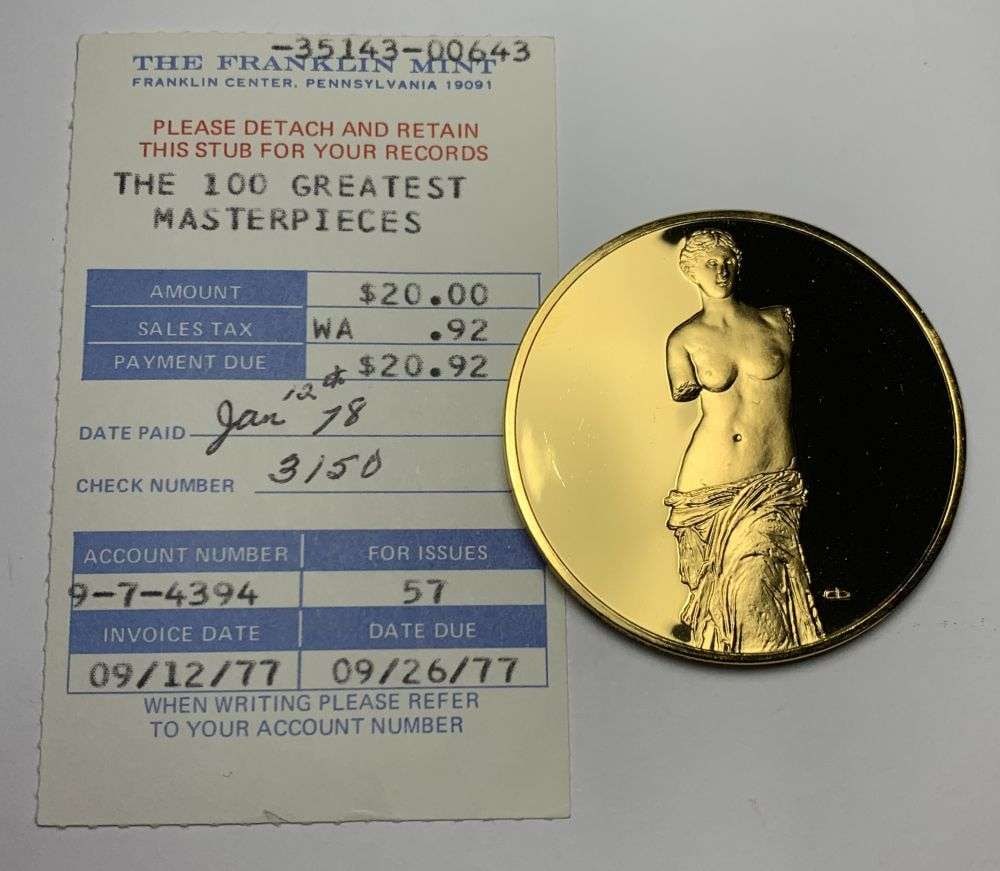 Vintage The Venus De Milo 2nd Century B.C. Greek 24k Gold Sterling Silver 2.165 ozt: Winner shall receive the exact coin shown here. (MR/RB)