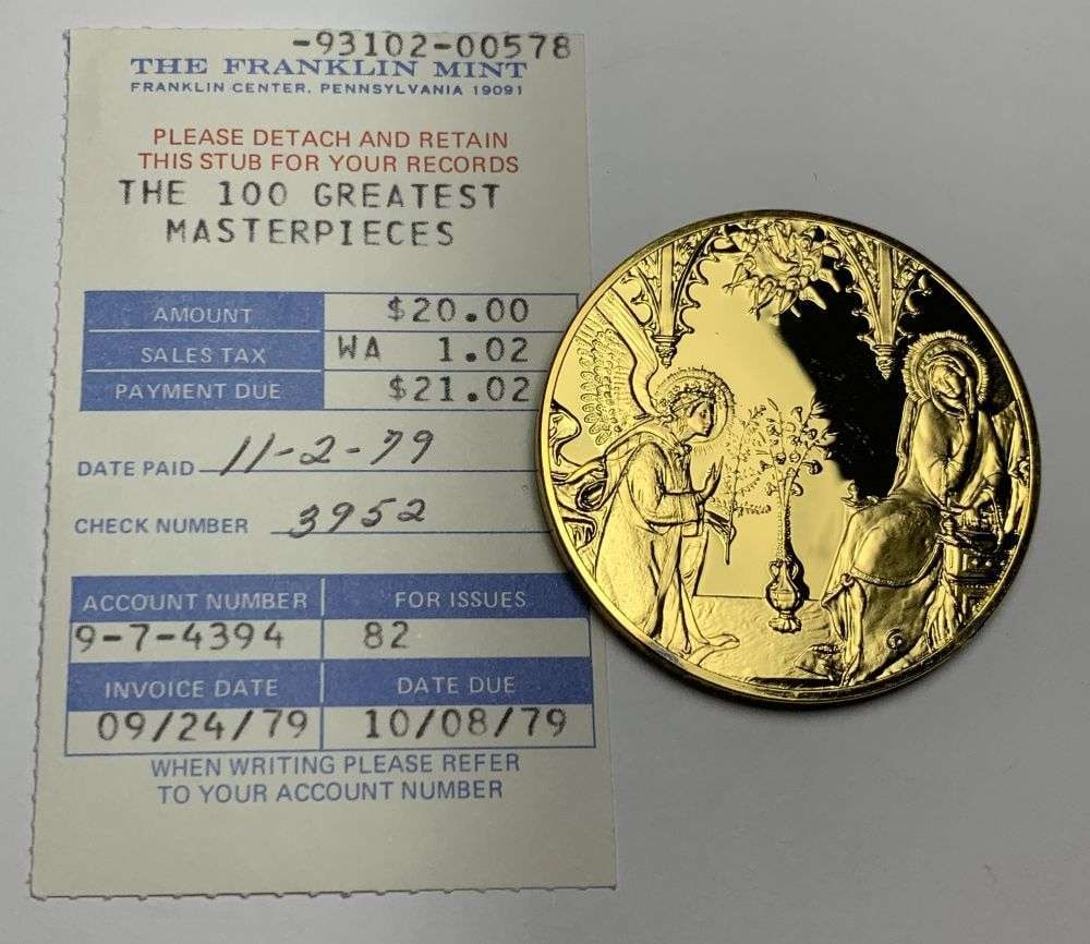 Vintage The Annunciation 1333 Simone Martini & Lippo Memmi 24k Gold Over Sterling Silver 2.120 ozt: Winner shall receive the exact coin shown here. (MR/RB)