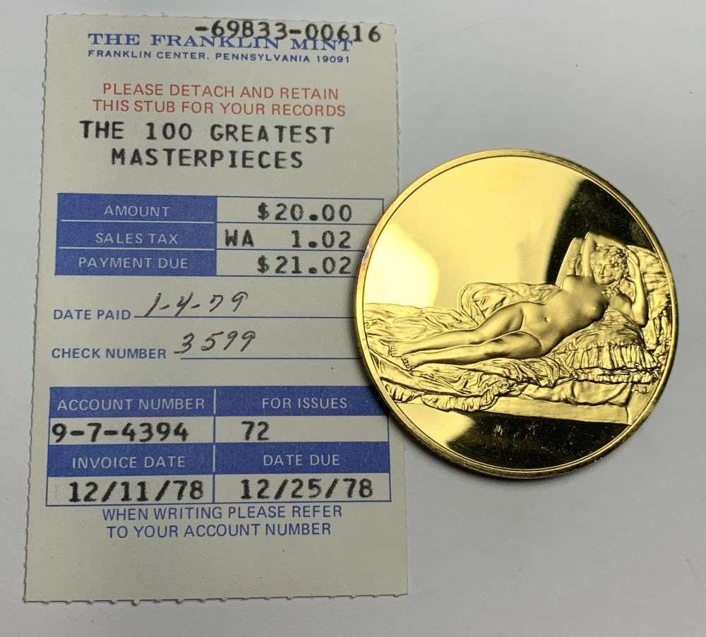 Vintage Nude Maja c.1807 Francisco Goya 24k Gold Over Sterling Silver 2.135 ozt: Winner shall receive the exact coin shown here. (MR/RB)