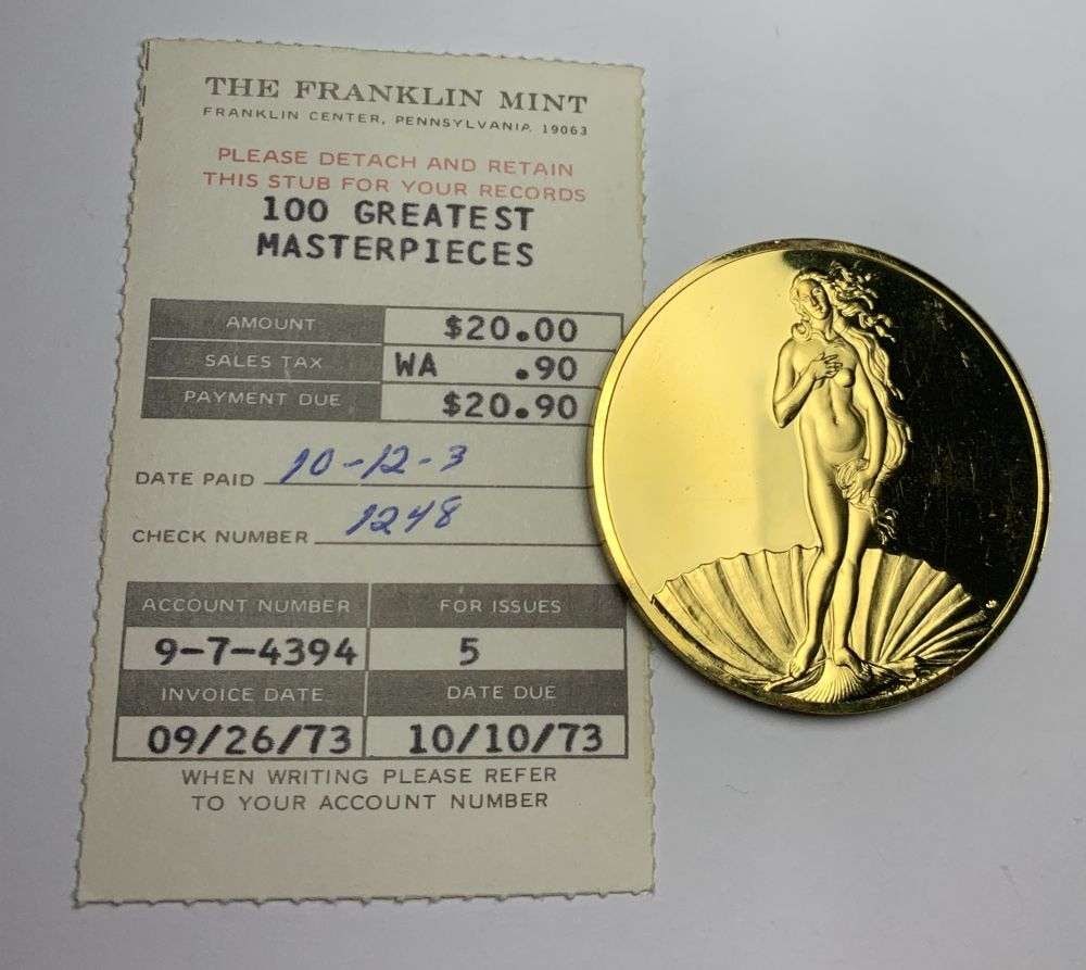 Vintage The Birth Of Venus c.1480 Sandro Botticelli 24k Gold Over Sterling Silver 2.150 ozt: Winner shall receive the exact coin shown here. (MR/RB)