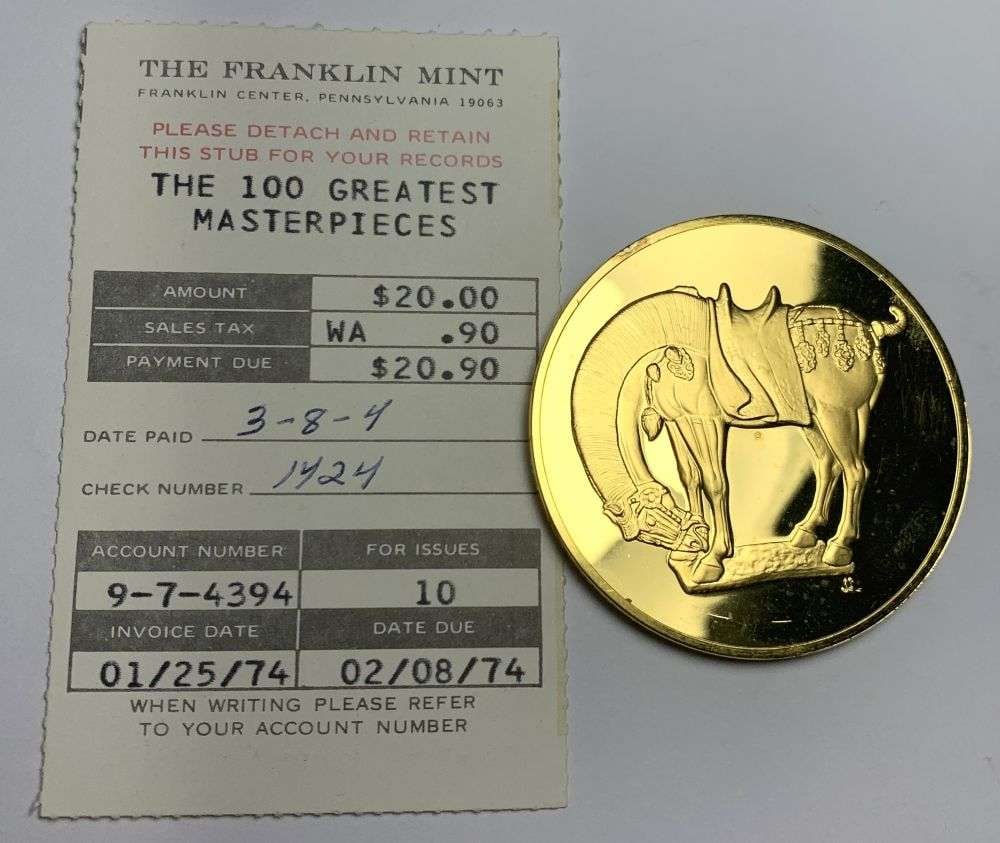 Vintage T'ang Dynasty Horse c.618-906 Chinese 24k Gold Over Sterling Silver 2.135 ozt: Winner shall receive the exact coin shown here. (MR/RB)