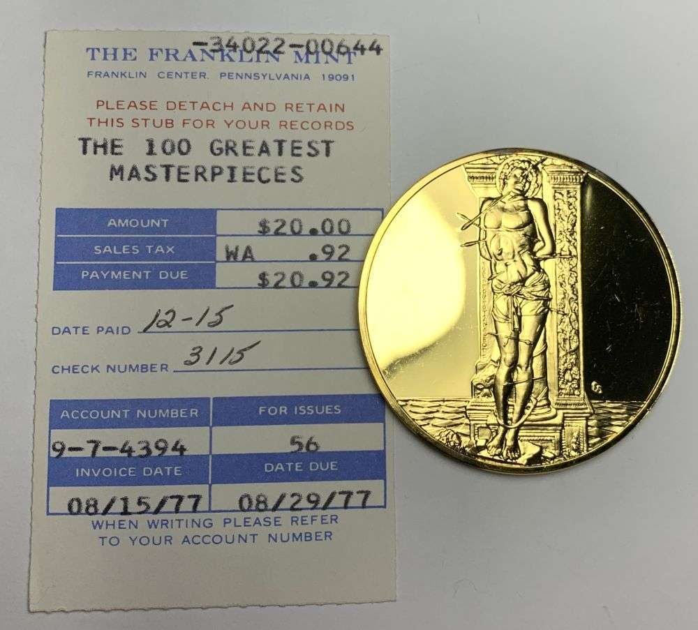 Vintage St. Sebastian c.1455-1460 Andrea Mantegna 24k Gold Sterling Silver 2.130 ozt: Winner shall receive the exact coin shown here. (MR/RB)