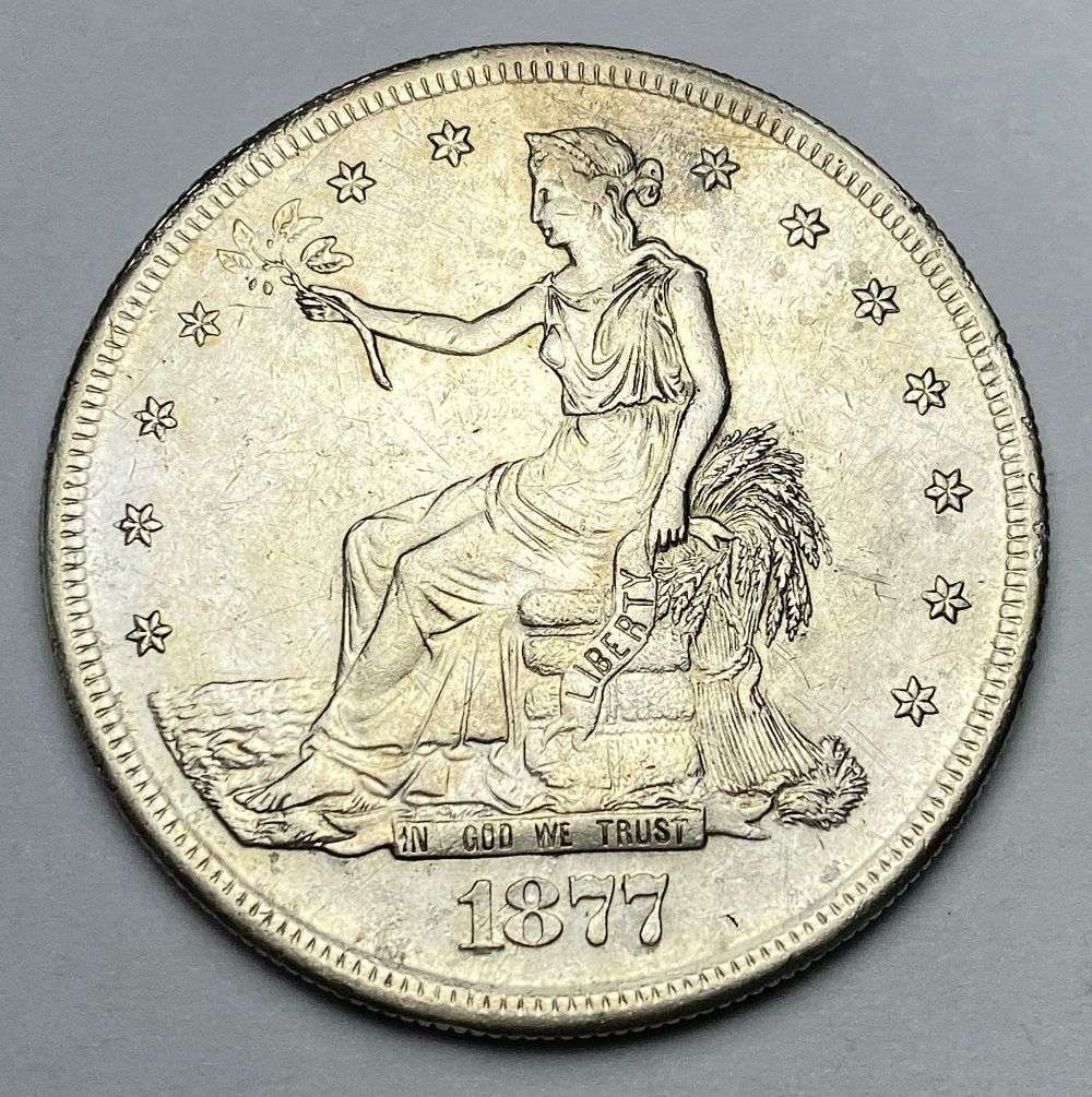 1877-S Trade Silver Dollar MS62 Details: Winner shall receive the exact coin shown here. (RM/EBB)