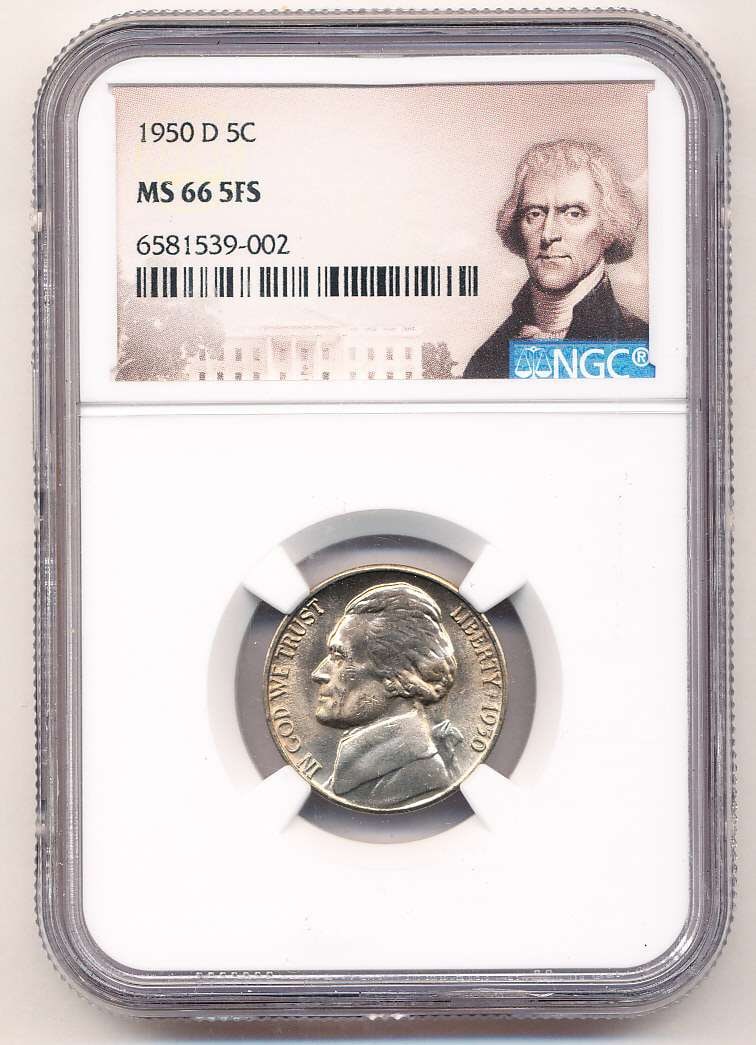 1950-D Jefferson Nickel NGC MS66 5FS: Winner shall receive the exact coin shown here. (MK/B)