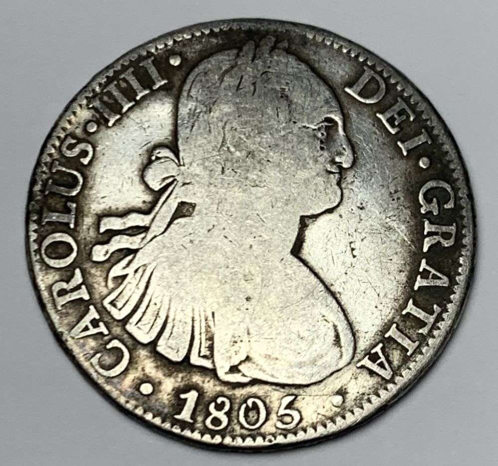 Original 1805-MO Mexico Silver 8 Reales VG Minted in Mexico City: Winner shall receive the exact coin shown here. (MR/B)