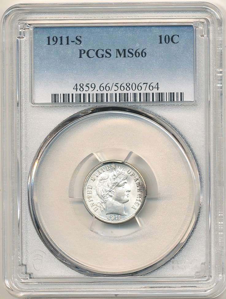 Fresh Submission 1911-S Barber Silver Dime PCGS MS66: This coin was in a cabinet for decades. By order of the consigner, these coins were submitted to PCGS. These are the best (3) of a few hundred coins submitted. Please bid once, big strong, and bid to