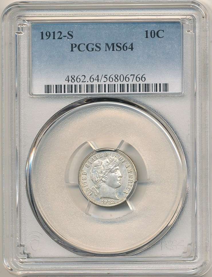 Fresh Submission 1912-S Barber Silver Dime PCGS MS64: This coin was in a cabinet for decades. By order of the consigner, these coins were submitted to PCGS. These are the best (3) of a few hundred coins submitted. Please bid once, big strong, and bid to