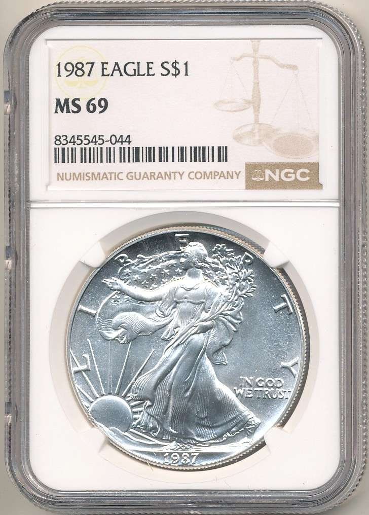 1987 American Silver Eagle NGC MS69: Winner shall receive the exact coin shown here. (RR/B)