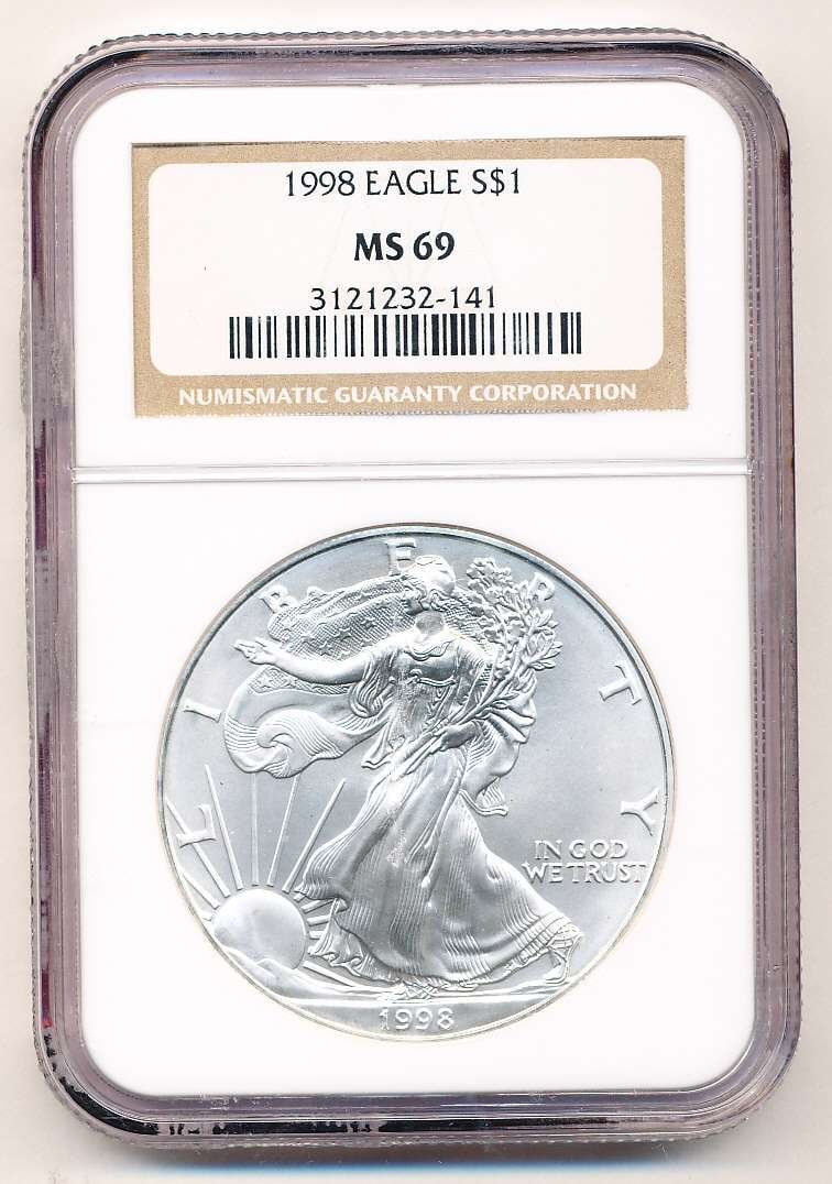1998 American Silver Eagle NGC MS69: Winner shall receive the exact coin shown here. (MK/B)