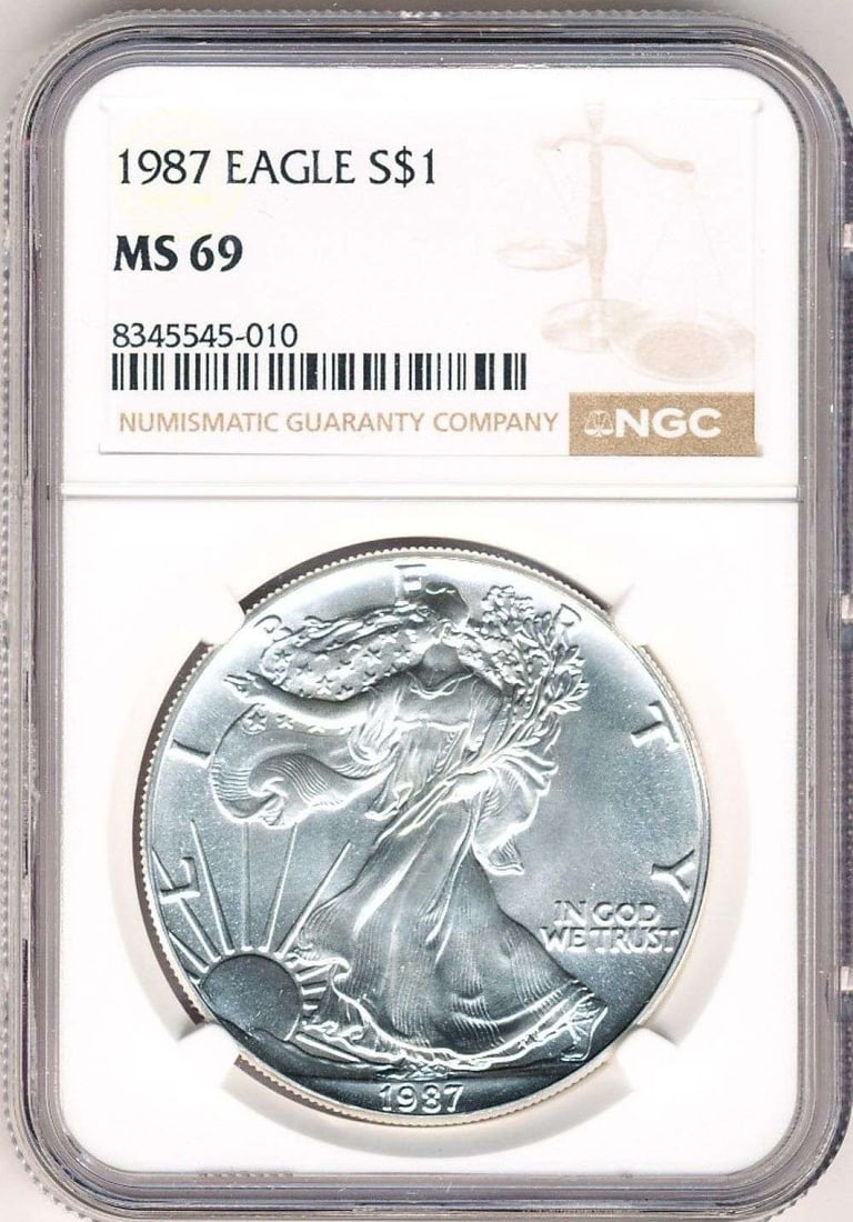 1987 American Silver Eagle NGC MS69: Winner shall receive the exact coin shown here. (MR/B)