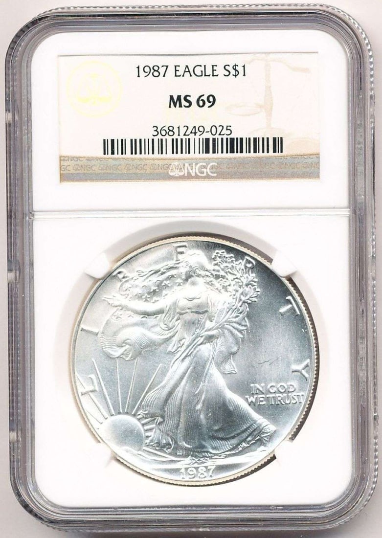 1987 American Silver Eagle NGC MS69: Winner shall receive the exact coin shown here. (MR/B)