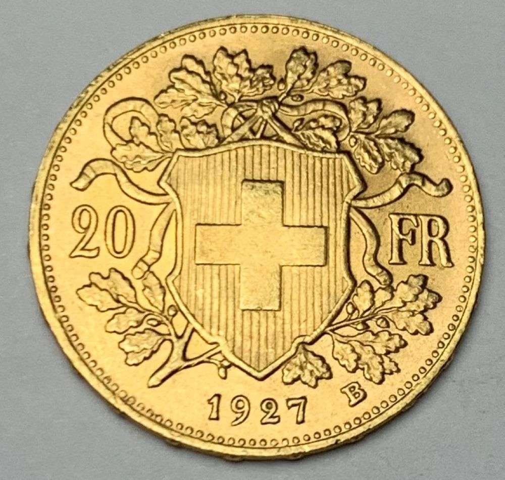 1927 Swiss Gold 20 Franc 0.187 ozt AGW: Winner shall receive the exact coin shown here. (MR/B)