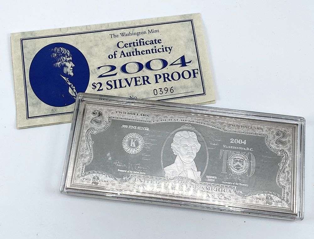 2004 United States Declaration of Independance $2 Note 4 ozt .999 Silver Bar: Winner shall receive the exact bar shown here. (RR)