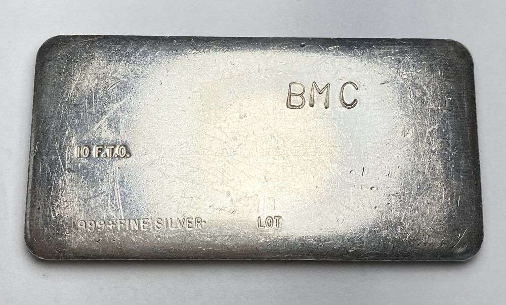Vintage BMC 10 ozt .999 Silver Bar: Winner shall receive the exact bar shown here. (RR)