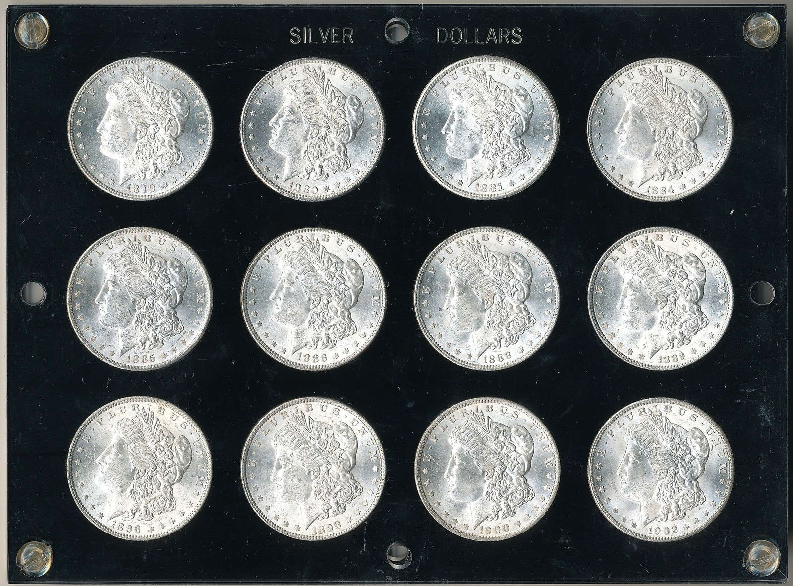Complete 1879-S-1902-O Morgan Silver Dollar Set Museum Quality Choice BU (12-coins): Our consignor is a weekend coin dealer who owns a few businesses around the state of Washington. The owner of the Miracle of America Museum sold their entire numismatic holding to Phil recently when t