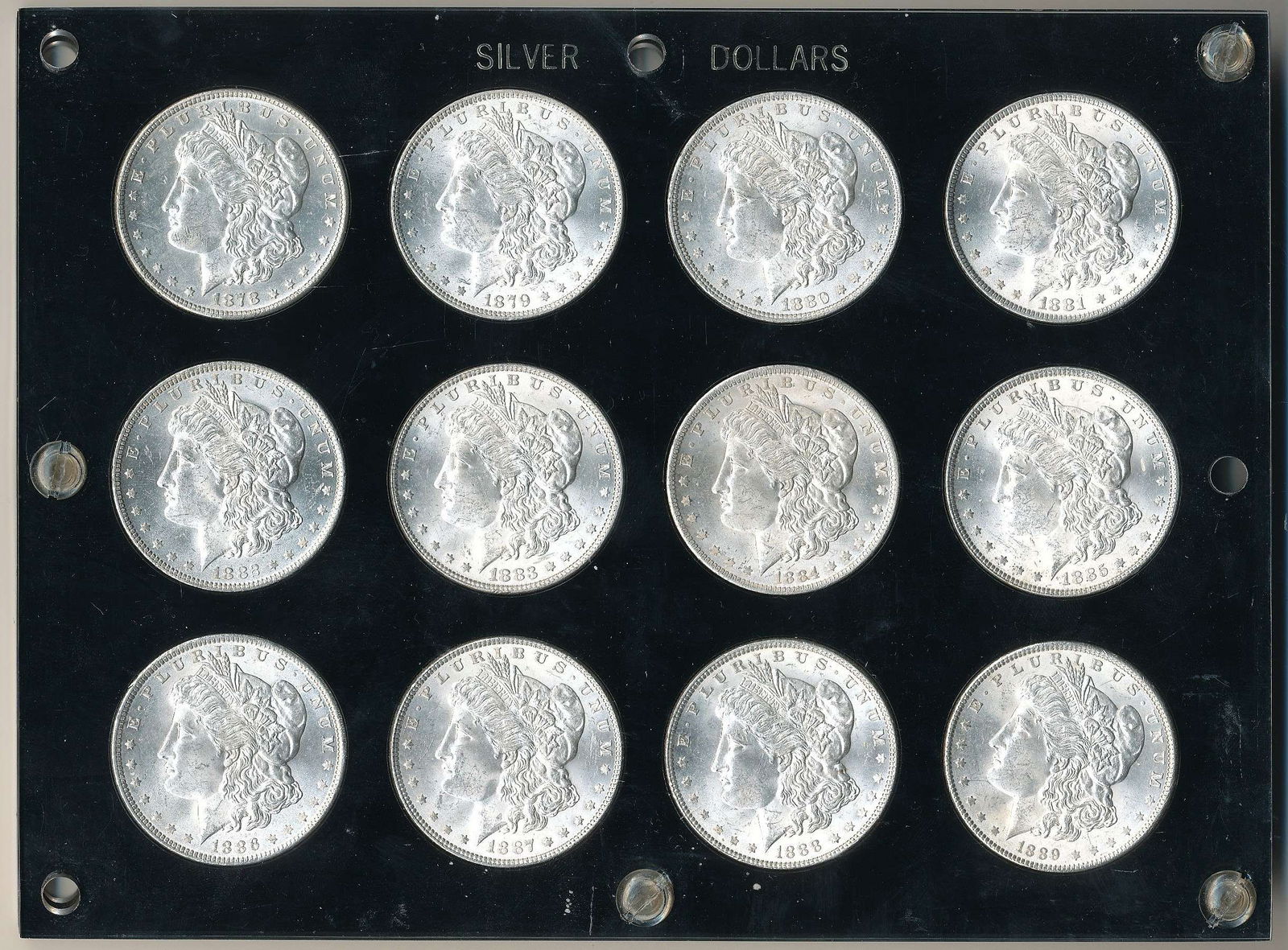 Complete 1878-S-1889 Morgan Silver Dollar Set Museum Quality Choice BU (12-coins): Our consignor is a weekend coin dealer who owns a few businesses around the state of Washington. The owner of the Miracle of America Museum sold their entire numismatic holding to Phil recently when t