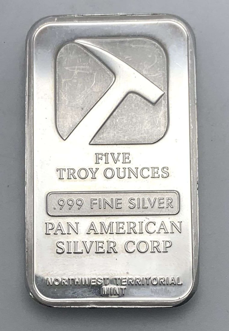 Vintage Pan American Silver Corp 5 ozt. 999 Silver Bar: Winner shall recieve the exact bar shown here. (RM/UUR)