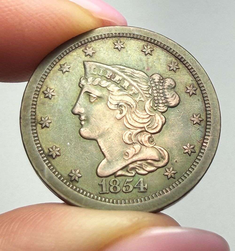 Toned 1854 Braided Hair Half Cent MS62 Details: Winner shall receive the exact coin shown here. (MK/LLB)