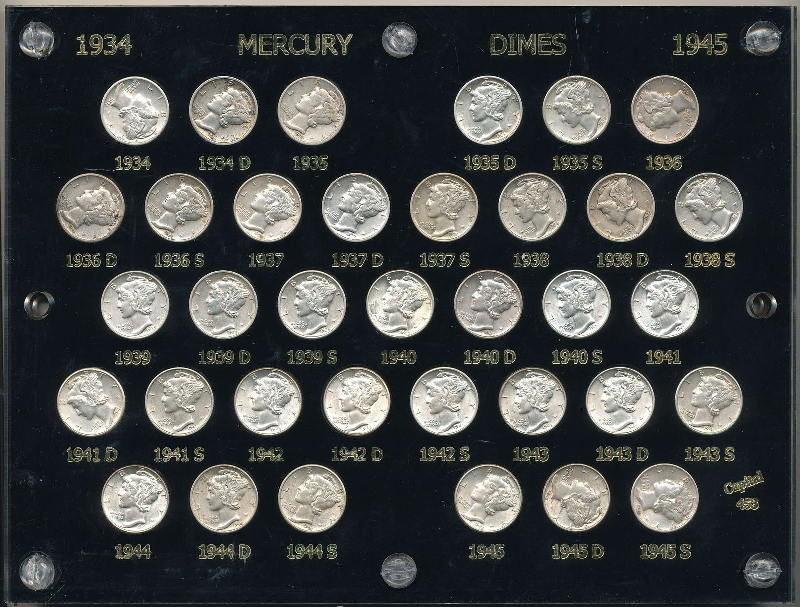 Complete 1934-1945-S Mecury Silver Dime Set Museum Quality (35-coins): A few of these coins would grade MS66 or MS67 FSB or higher. There's also a few that are not quite unc. Our consignor is a weekend coin dealer who owns a few businesses around the state of Washington.