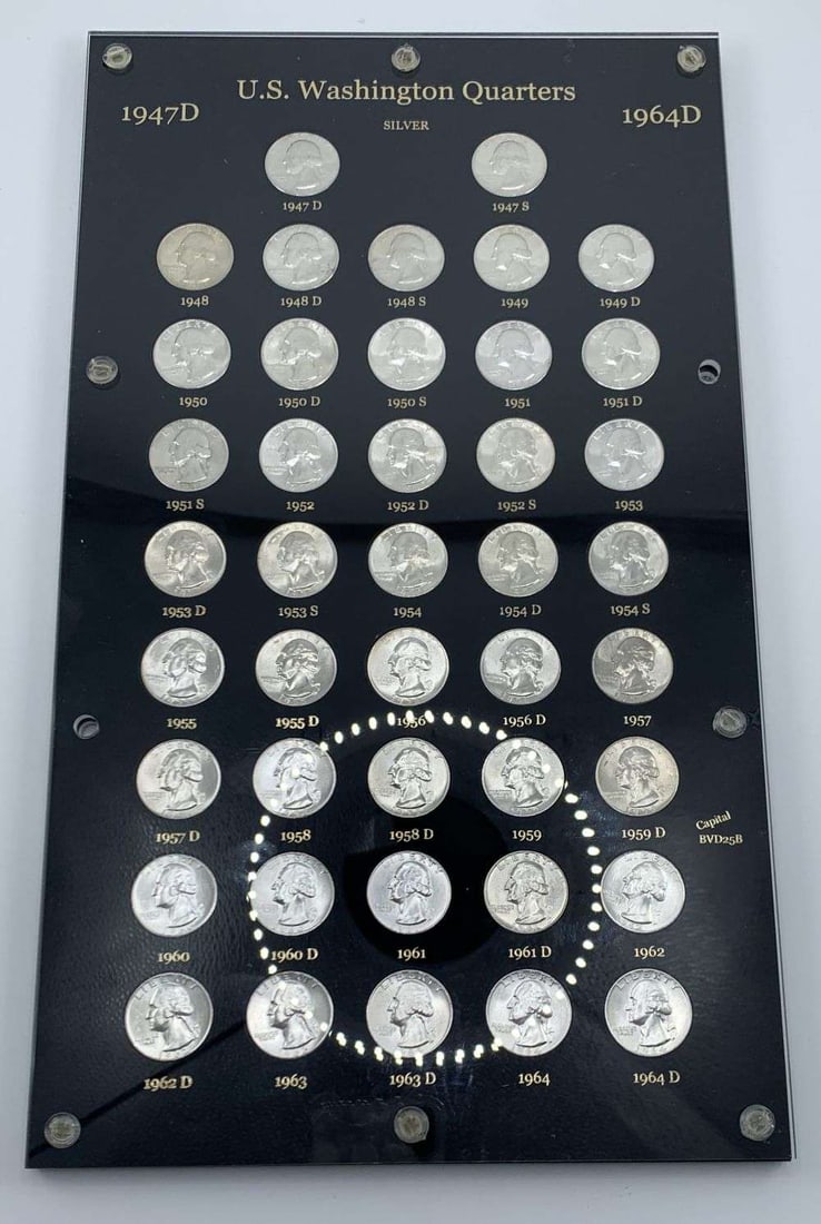 Complete 1947-D-1964-D Washington Silver Quarter Set Museum Quality Choice BU (42-coins): Our consignor is a weekend coin dealer who owns a few businesses around the state of Washington. The owner of the Miracle of America Museum sold their entire numismatic holding to Phil recently when t