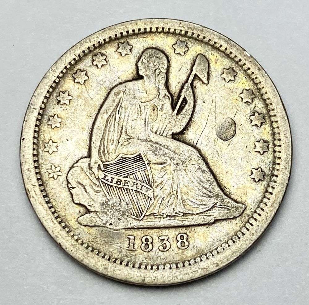 Mint Error 1838 Seated Liberty Silver Quarter AU Details Planchet Defect: Winner shall receive the exact coin shown here. (MR/LIB)