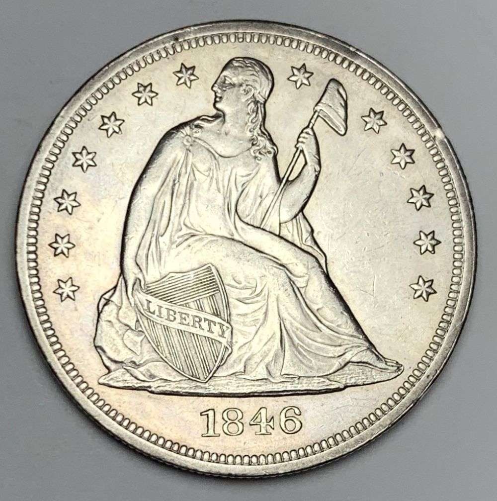 1846 Seated Liberty Silver Dollar AU58: Winner shall receive the exact coin shown here. (MR/FRB)