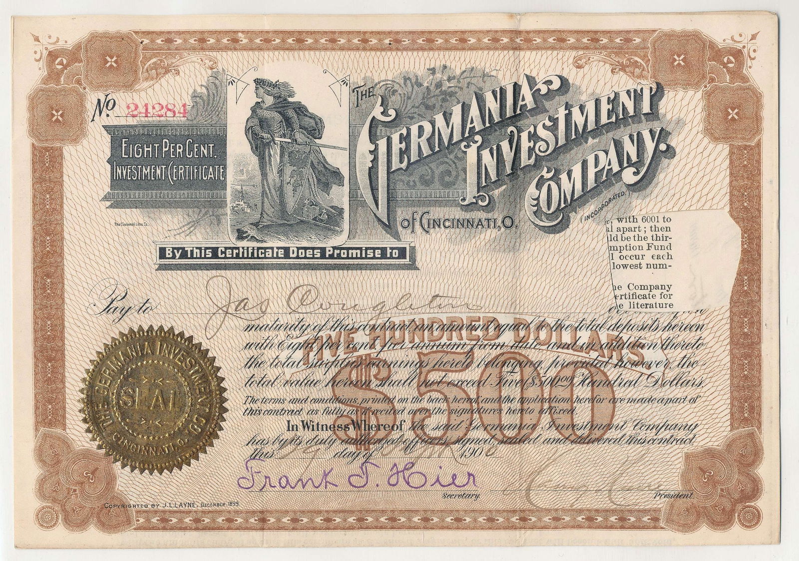 The Germania Investment Company 8% Investment Certificate: Winner shall receive the exact item shown here. (RR)