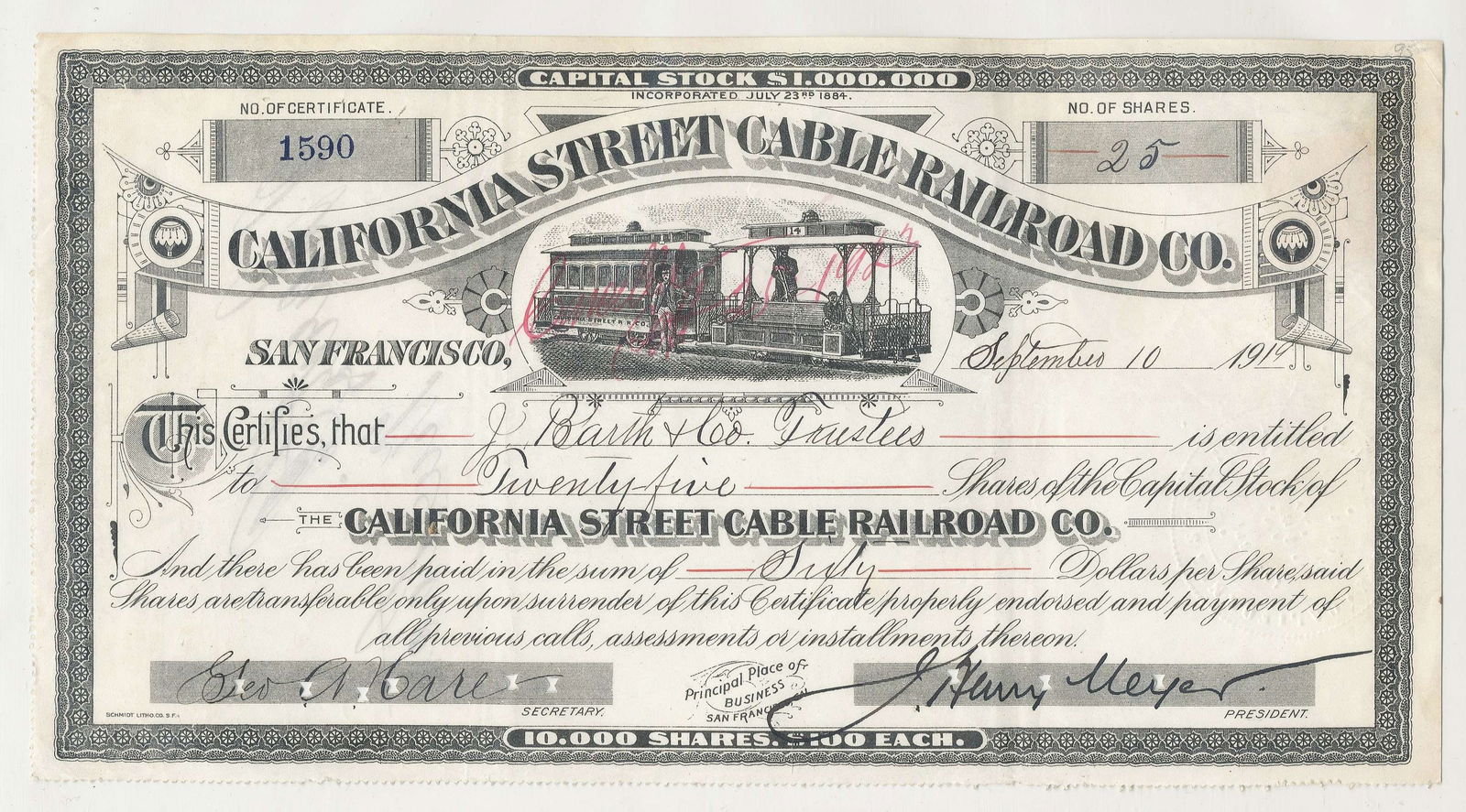 California Street Cable Railroad Co. Stock Certificate: Winner shall receive the exact item shown here. (RR)