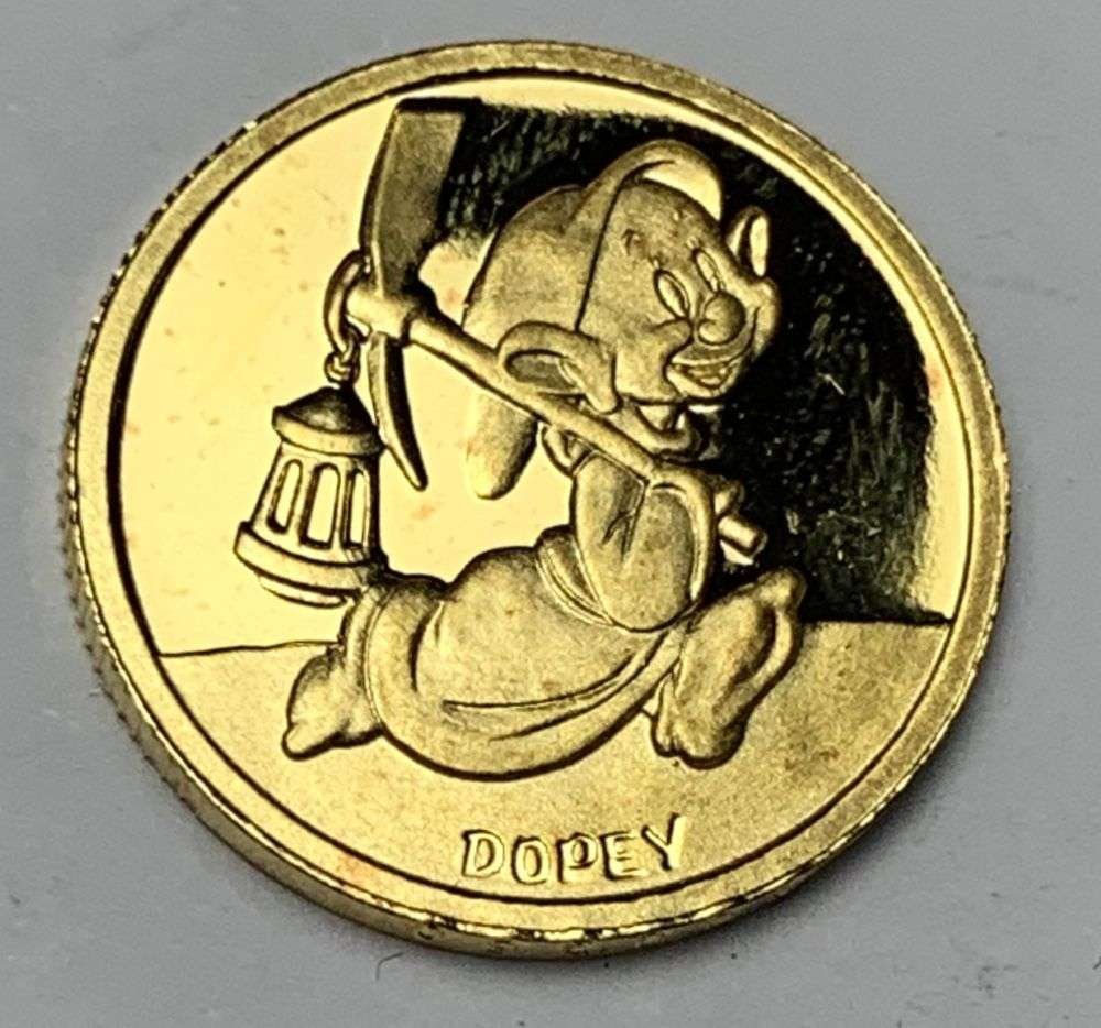 Last Minute! Rare 1987 Disney Dopey Snow White 50th Anniversary Proof 1/4 ozt .999 Gold: Winner shall receive the exact coin shown here. (MR/B)