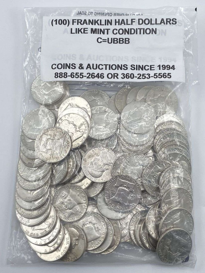 Last Minute! (100-coins) Mixed Years Franklin Silver Half Dollars Like Mint $50 FV (1 of 6)