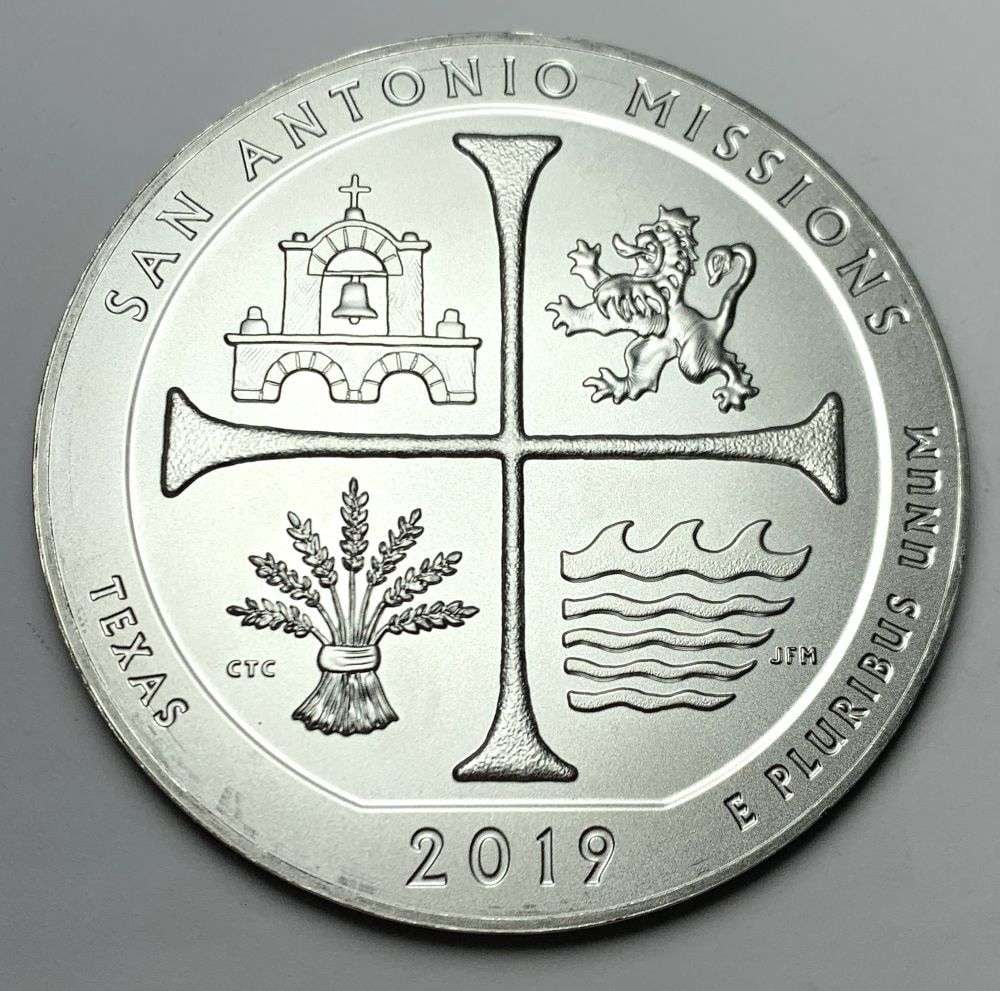 Last Minute Silver! 2019-P ATB Texas "San Antonio Missions" 5 ozt .999 Silver: Winner shall receive the exact coin shown here. (MR/ETR)