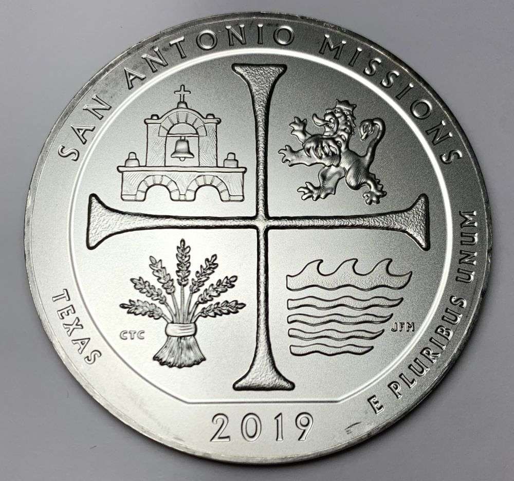 Last Minute Silver! 2019-P ATB Texas "San Antonio Missions" 5 ozt .999 Silver: Winner shall receive the exact coin shown here. (MR/ETR)