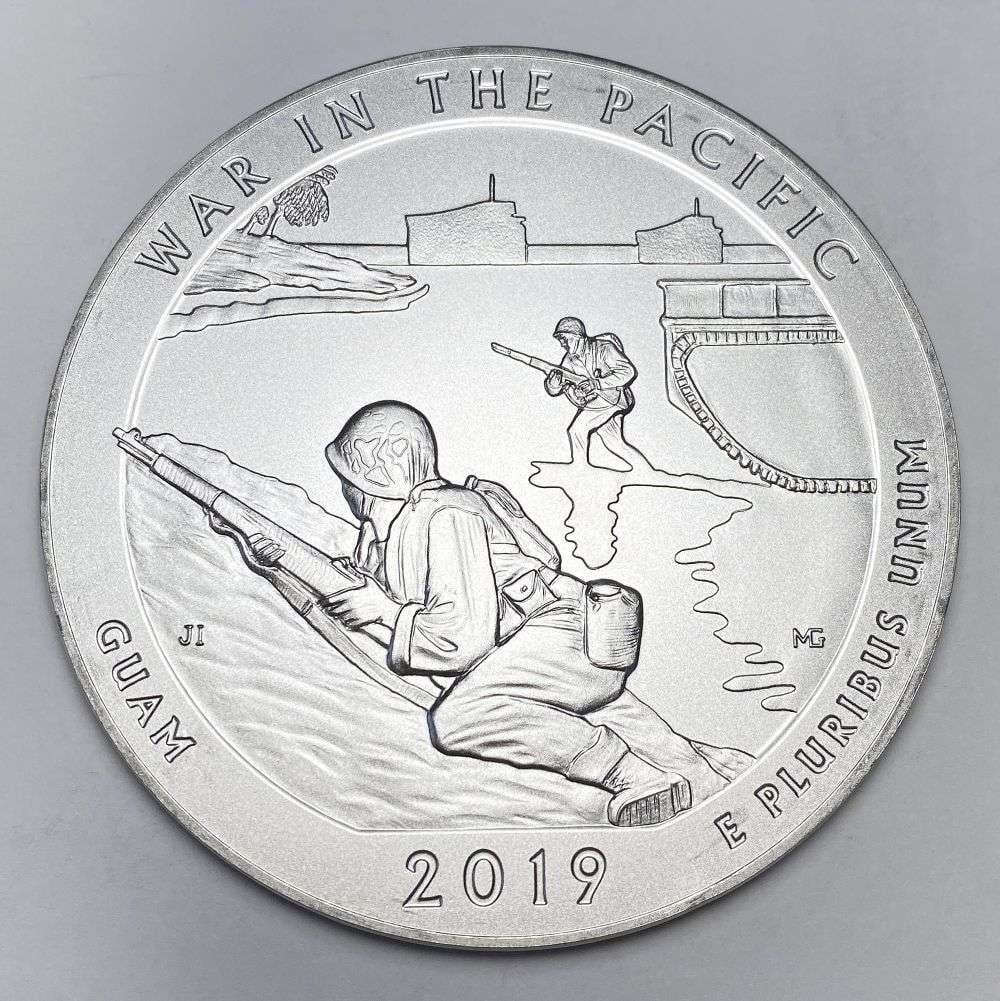Last Minute Silver! 2019-P ATB Guam "War in the Pacific" 5 ozt .999 Silver: Winner shall receive the exact coin shown here. (RR/ETR)