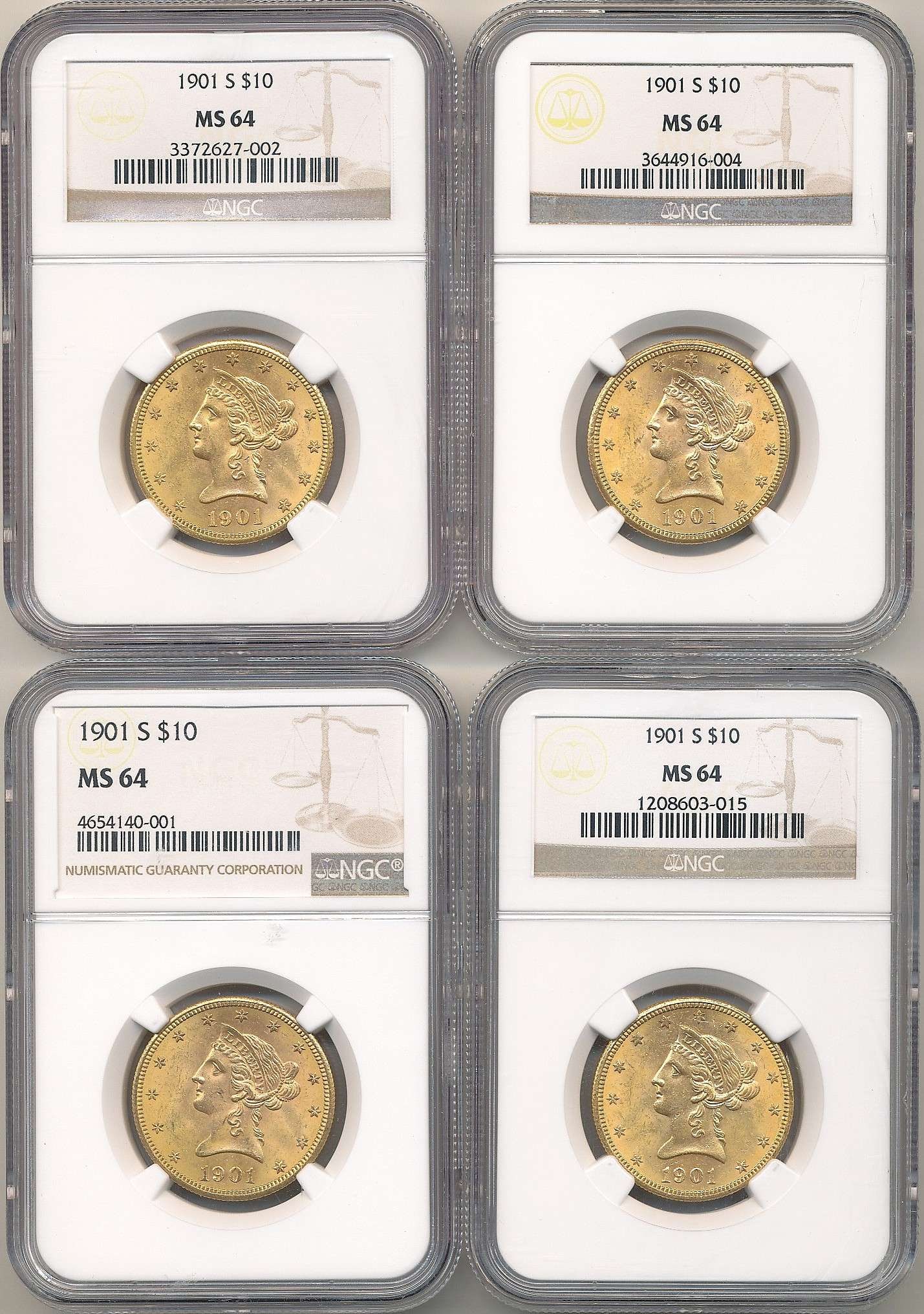 Last Minute! (4) Gold $10 Liberty Head NGC MS64: All (4) coins will be graded MS64. Winner shall receive (4) coins precisely resembling the ones shown here. Please allow 2-4 weeks for shipping. (RR/IBBB)