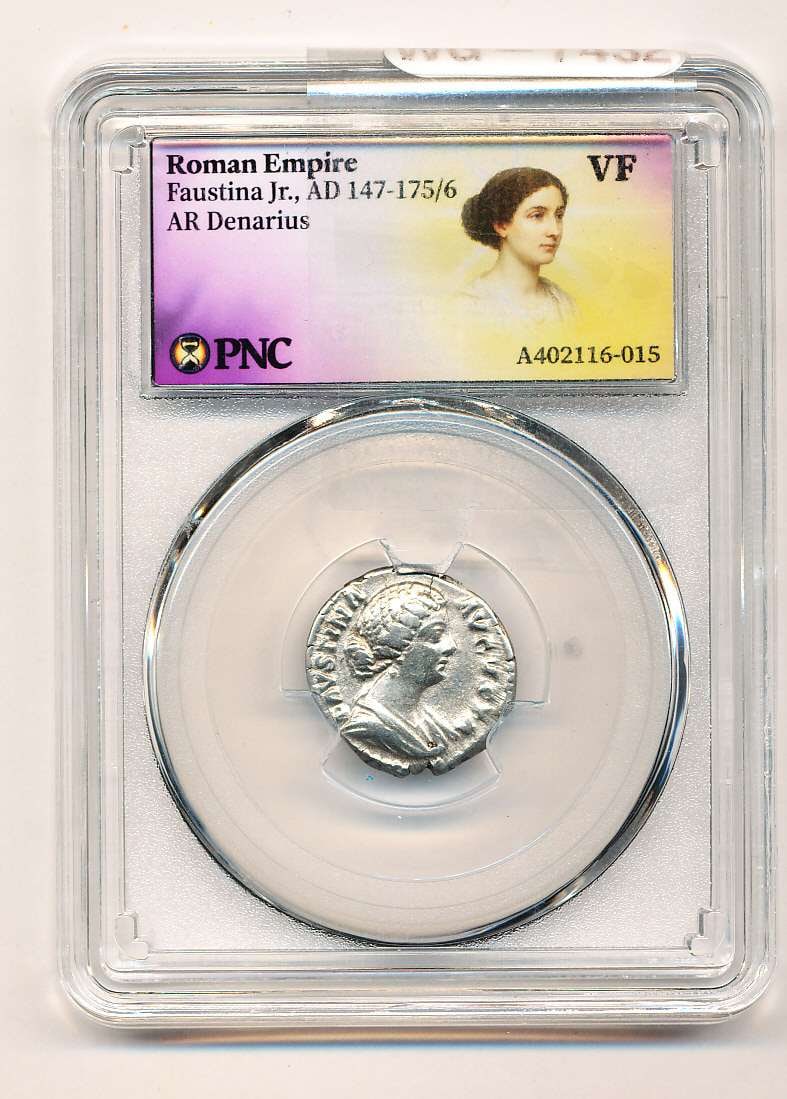 Last Minute! Ancient Roman Empire 161-175/6 AD Faustina Jr. AR Denarius Silver VF: IMPORTANT NOTE: We do not agree with the grade provided with this "off-brand" grading company. Winner shall receive the exact coin shown here. (MK)