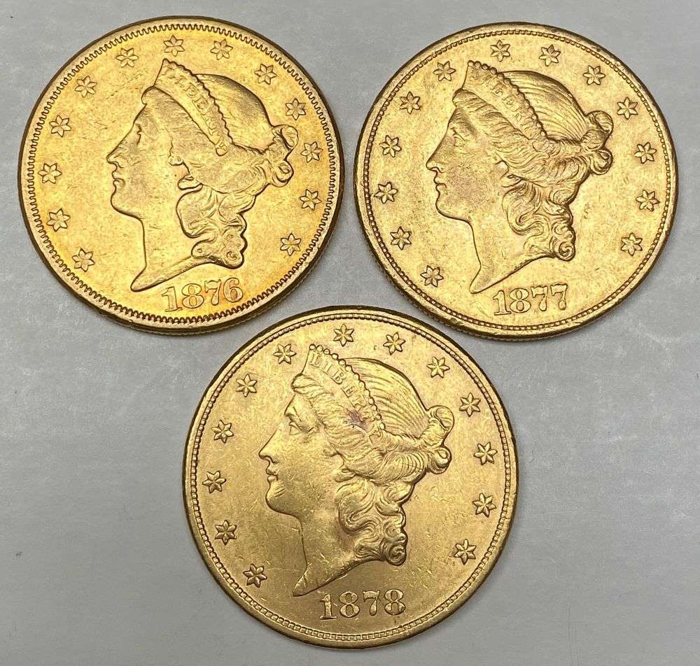 Last Minute! (3) 1876-1878 Gold $20 Liberty Head: Winner shall receive the exact (3) coins shown here. (RR/)