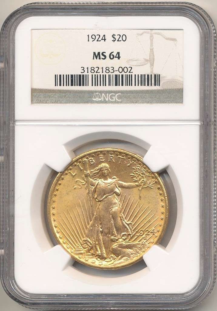 Last Minute! 1924 Gold $20 Saint Gaudens NGC MS64: Winner shall receive the exact coin shown here. (RR/TVC=PPRB)