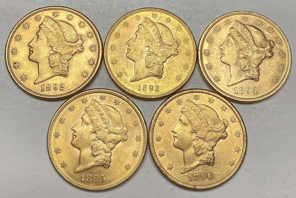Last Minute! (5) 1892-S-1896-S Gold $20 Liberty Head: Winner shall receive the exact (5) coins shown here. (RR/)