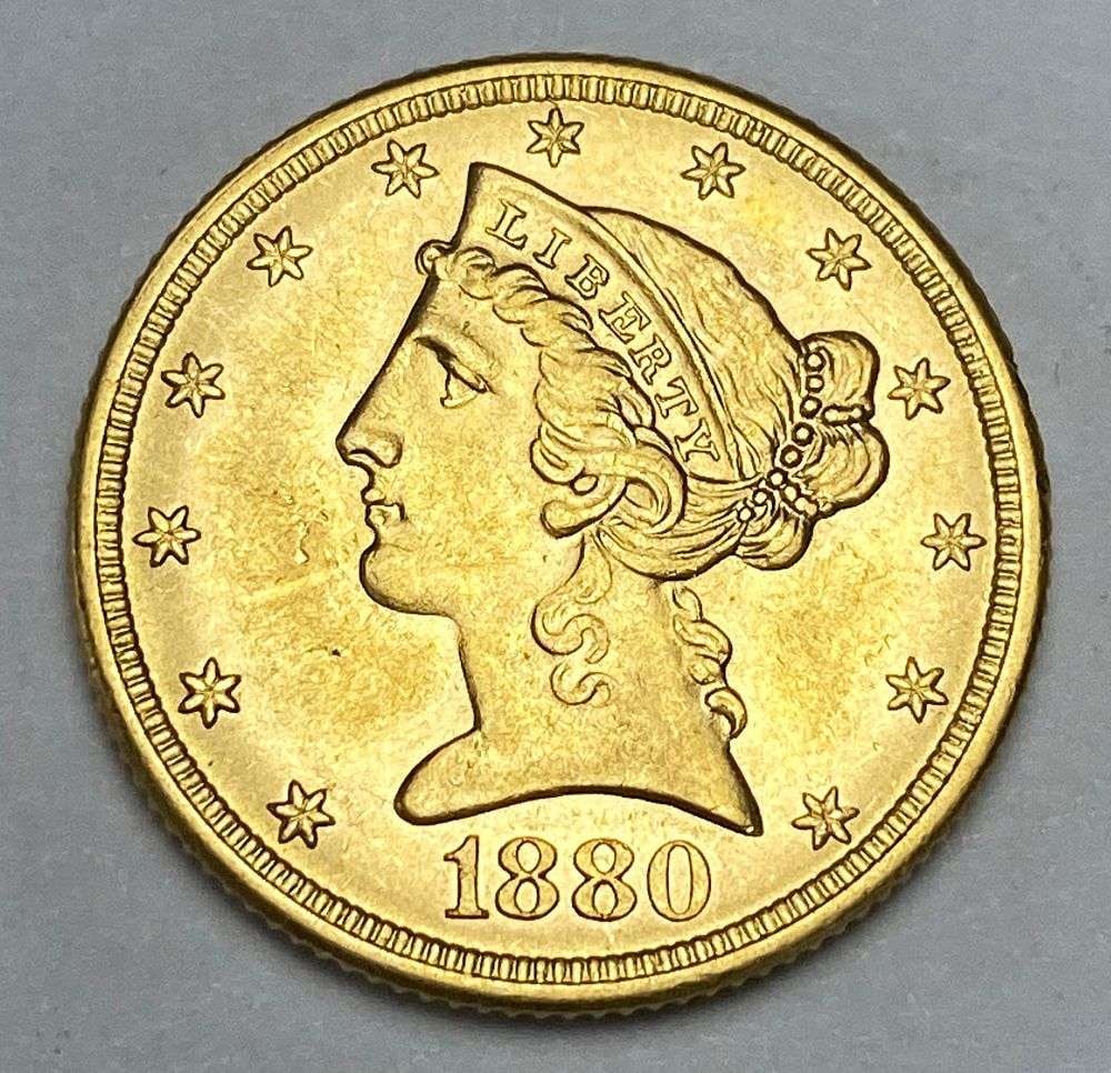 Last Minute! 1880 Gold $5 Liberty Head: Winner shall receive the exact coin shown here. (RR/)