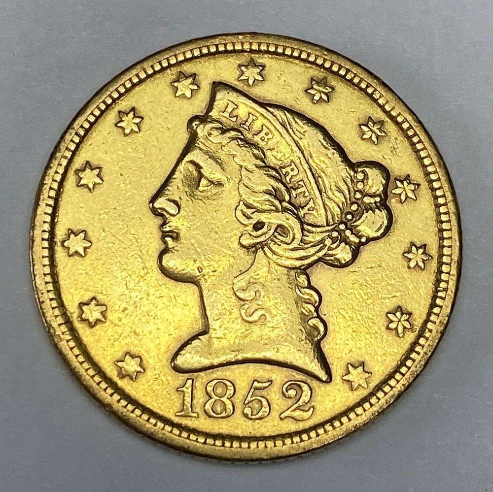 Last Minute! Rare Date 1852 Gold $5 Liberty Head: Winner shall receive the exact coin shown here. (RR/)
