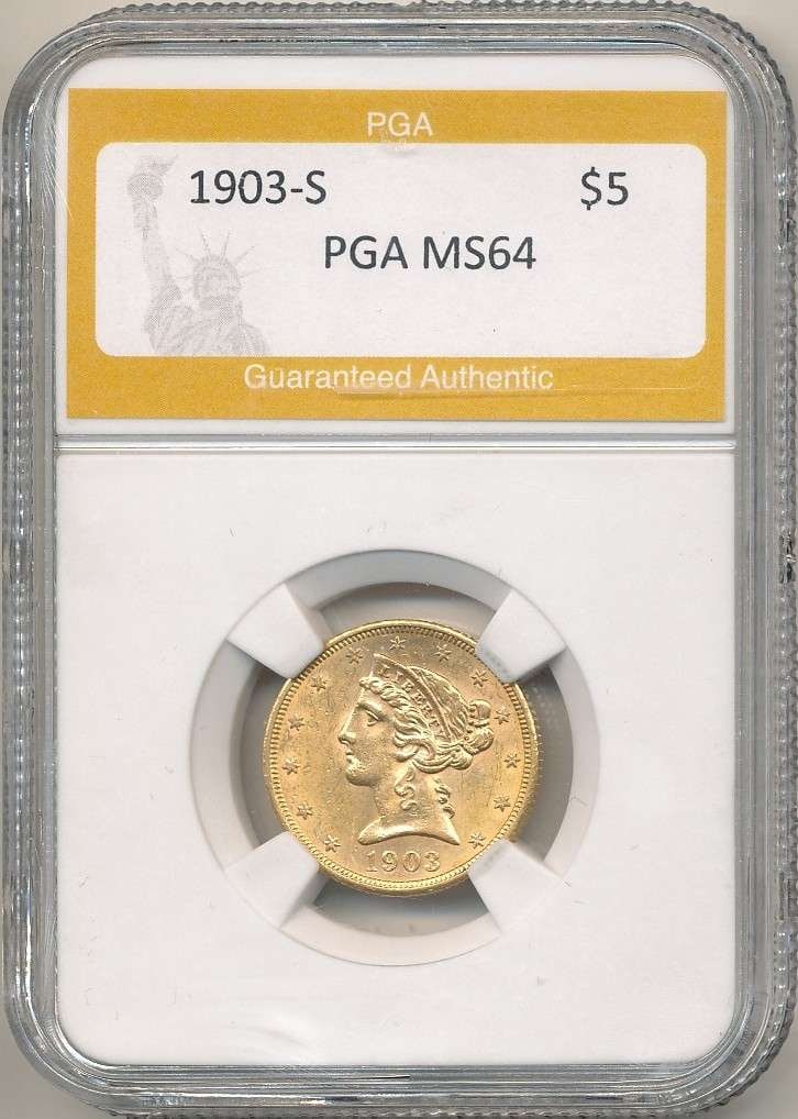 Last Minute! 1903-S Gold $5 Liberty Head MS64: IMPORTANT NOTE: We do not agree with the grade provided with this "off-brand" grading company. Winner shall receive the exact coin shown here. (RR)