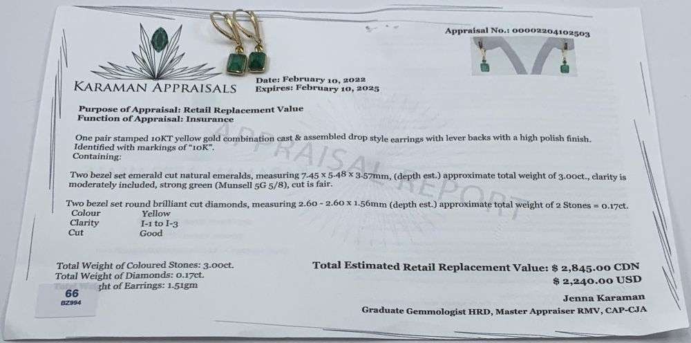 3.00ct Emeralds & 0.17ct Round Diamonds 10k Yellow Gold Drop Earrings (1 of 6)
