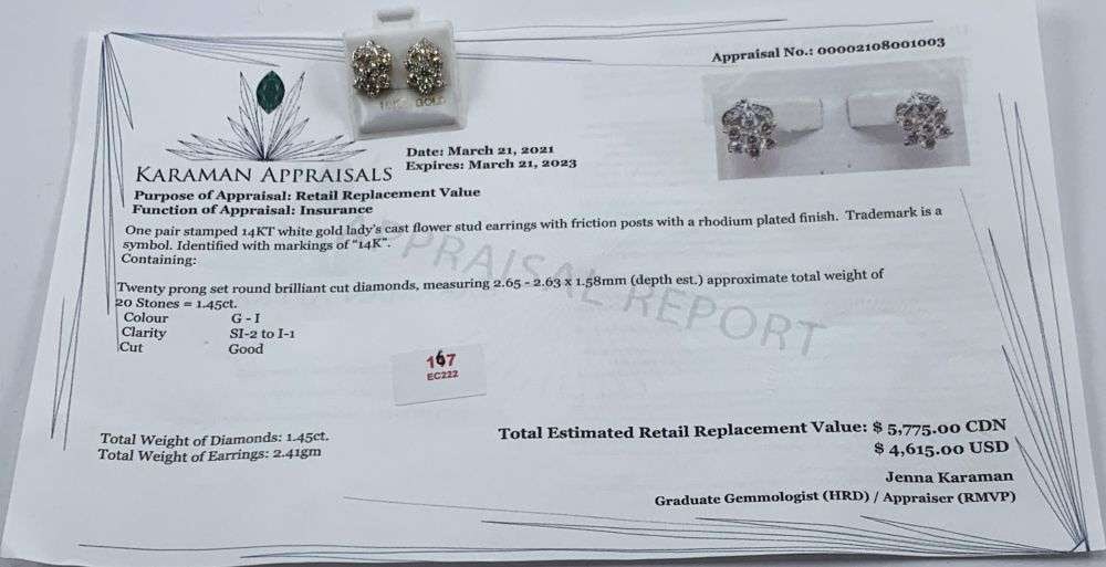 1.45ct Round Diamond 14k White Gold Flower Stud Earrings: Winner shall recieve the exact item shown here. (MR)
