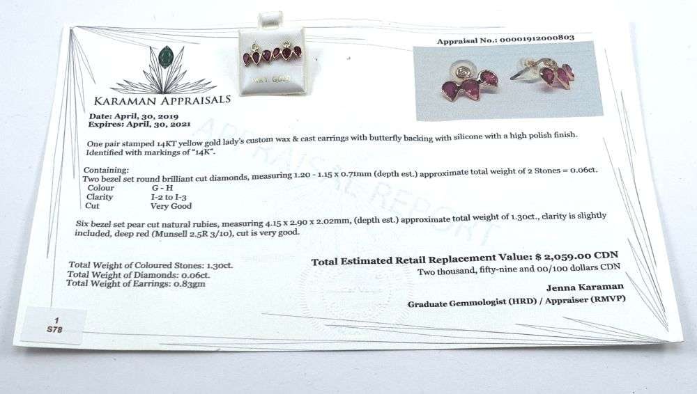 0.06ct Round Diamond & 1.30ct Pear Cut Rubies 14k Yellow Gold Earrings (1 of 7)