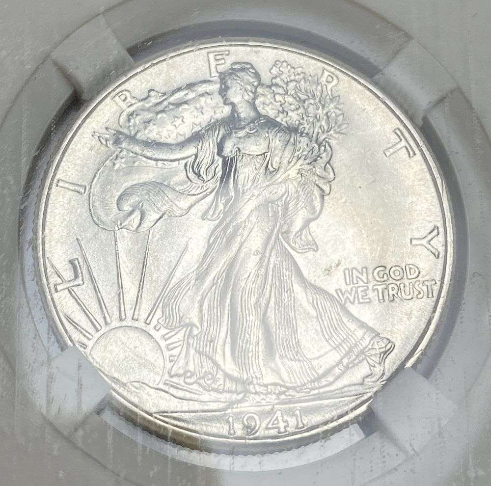 1941-D Walking Liberty Silver Half Dollar MS66+: IMPORTANT NOTE: We do not agree with the grade provided with this "off-brand" grading company. Winner shall receive the exact coin shown here. (RR/RB)