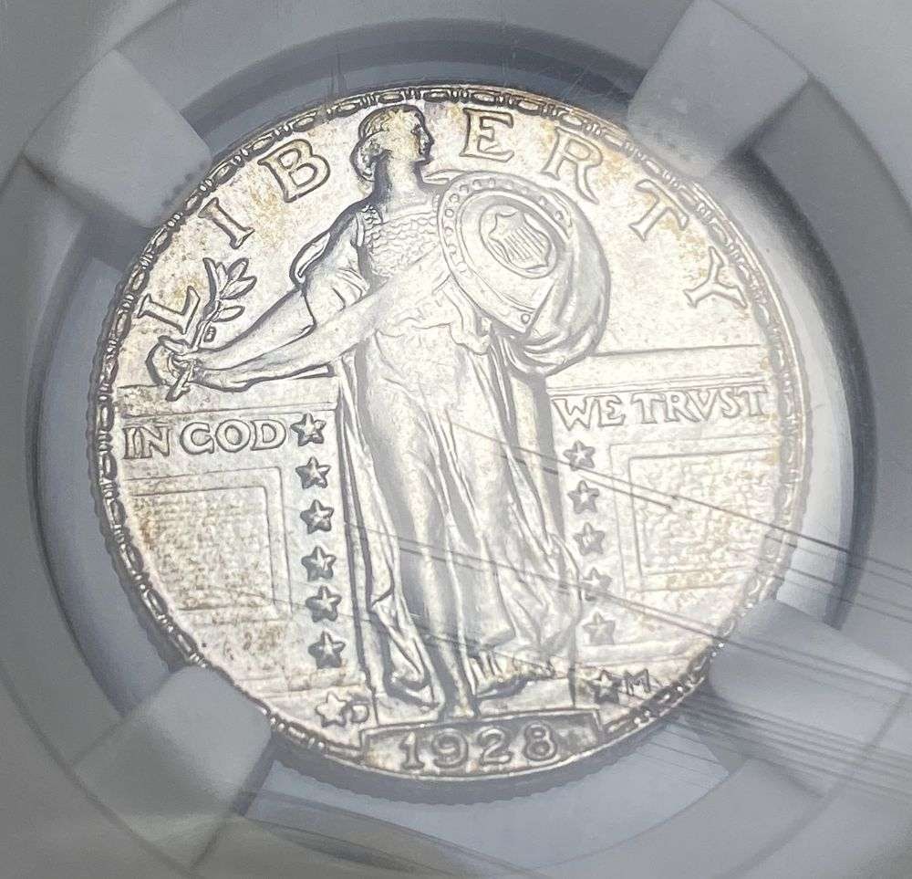 1928-D Standing Liberty Silver Quarter MS65 FH: IMPORTANT NOTE: We do not agree with the grade provided with this "off-brand" grading company. Winner shall receive the exact coin shown here. (RR/RB)