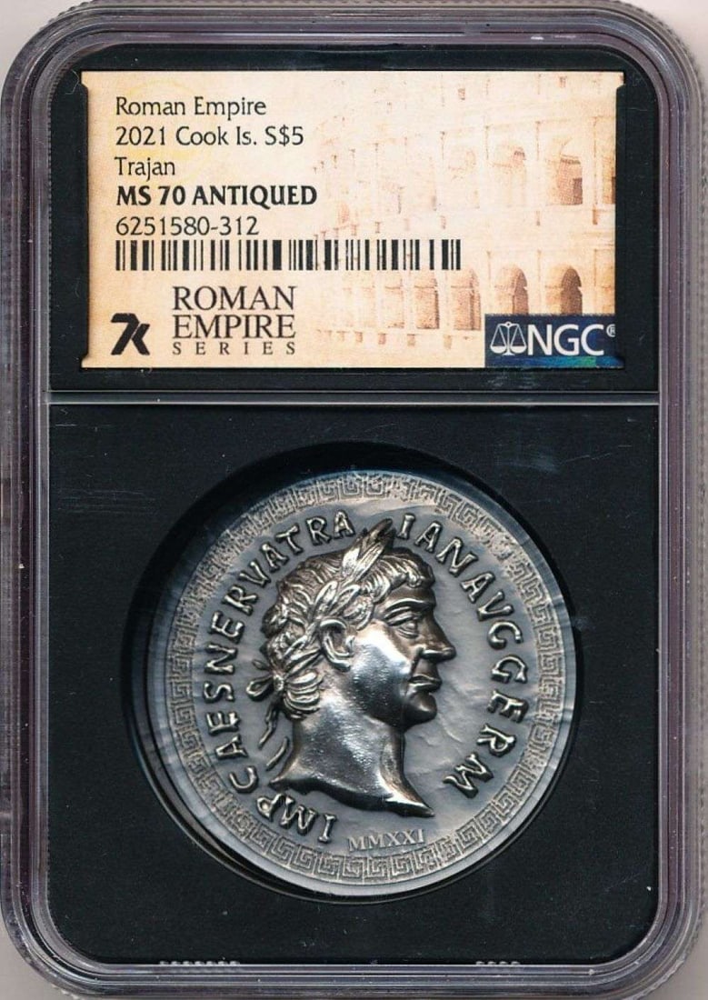 Thick 2021 Roman Empire Cook Islands $5 Trajan 1 ozt Silver NGC MS70 Antiqued: Winner shall receive the exact coin shown here. (MR/FB)