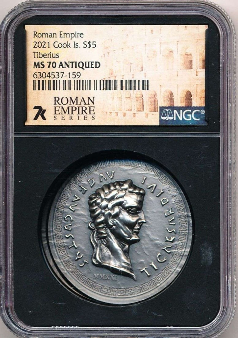 Thick 2021 Roman Empire Cook Islands $5 Tiberius 1 ozt Silver NGC MS70 Antiqued: Winner shall receive the exact coin shown here. (MR/FB)
