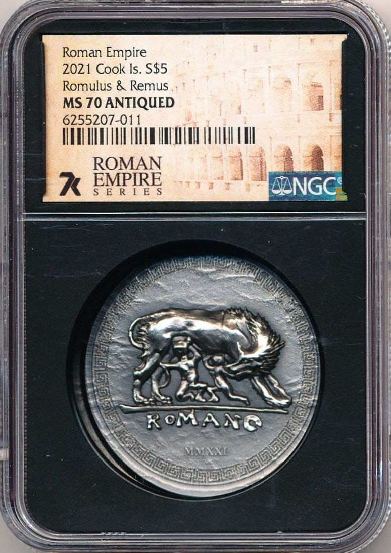 Thick 2021 Roman Empire Cook Islands $5 Romulus & Remus 1 ozt Silver NGC MS70 Antiqued: Winner shall receive the exact coin shown here. (MR/FB)