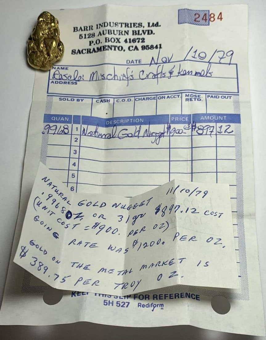 Pure Gold Nugget 22K Gold 41.4g 1.33 ozt AGW: This is a nugget purchased in 1979 by a collector who lived in Sacramento. This nugget tests at 22K gold. The original recipet and paperwork came with. (MR/UBBB)